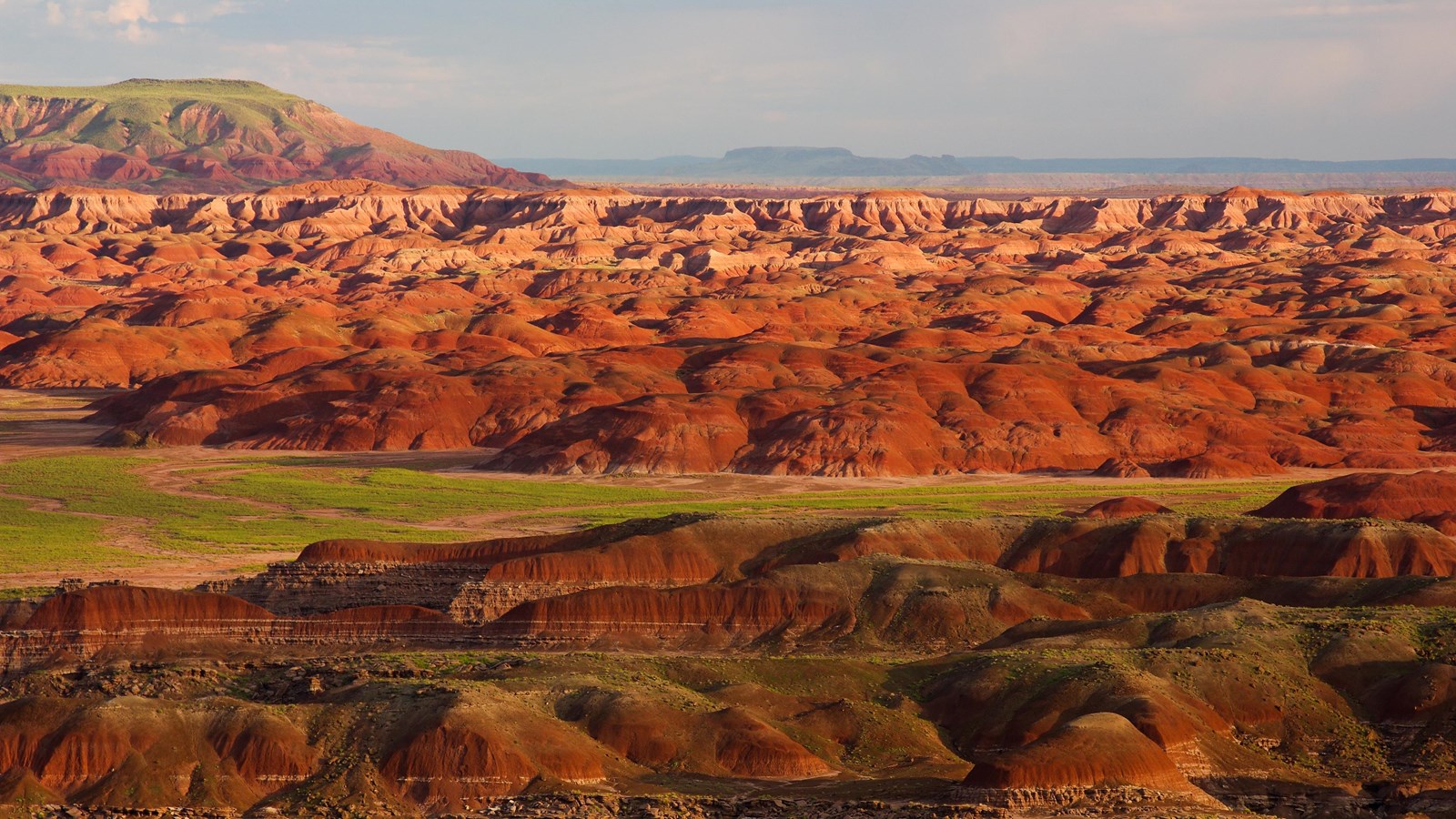 Grasslands fill the spaces between red badlands with mesas in the distance.