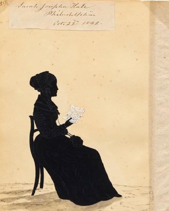Silhouette of Sarah Josepha Hale. Hale, age 54, sits in a wooden chair, holding letters..