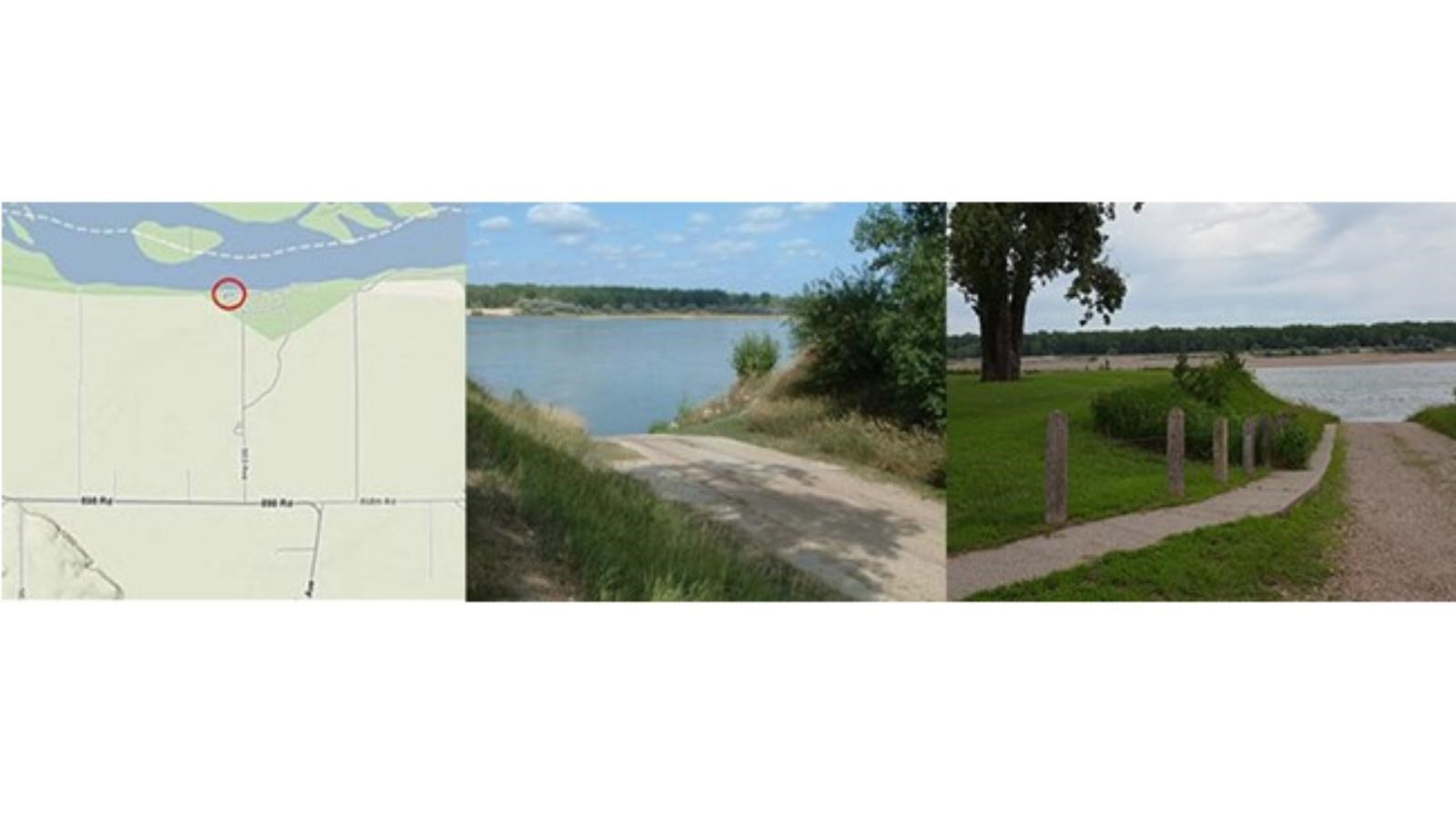 Aerial map of river access. Boat ramp is paved and lined by green grasses and a sidewalk. 