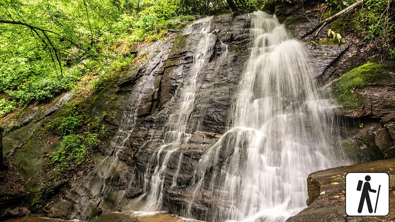 A waterfall closely hugging the rocks surrounded by moss, shrubs, and trees.