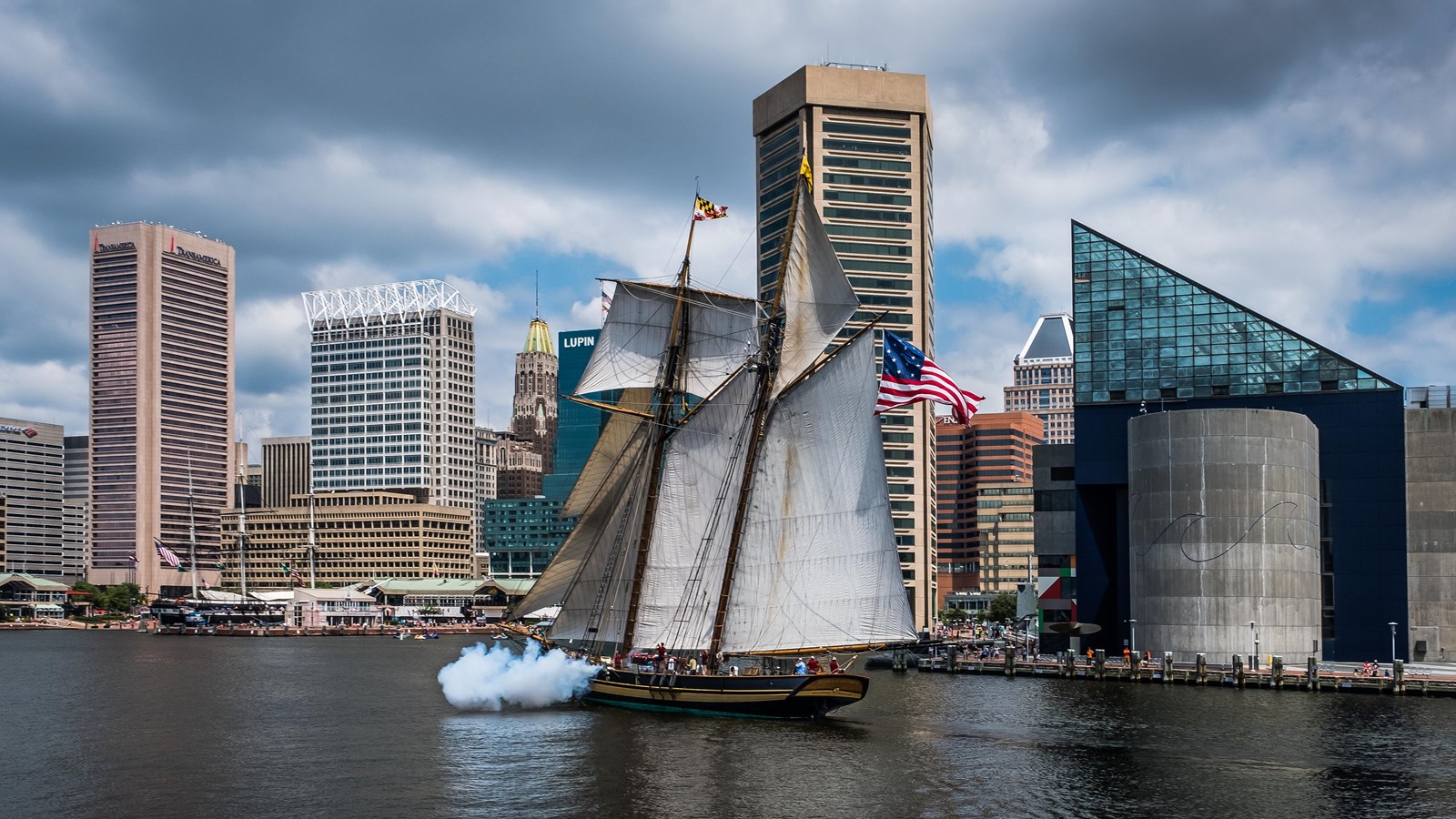 A tall ship sails in a harbor in front of a downtown city.