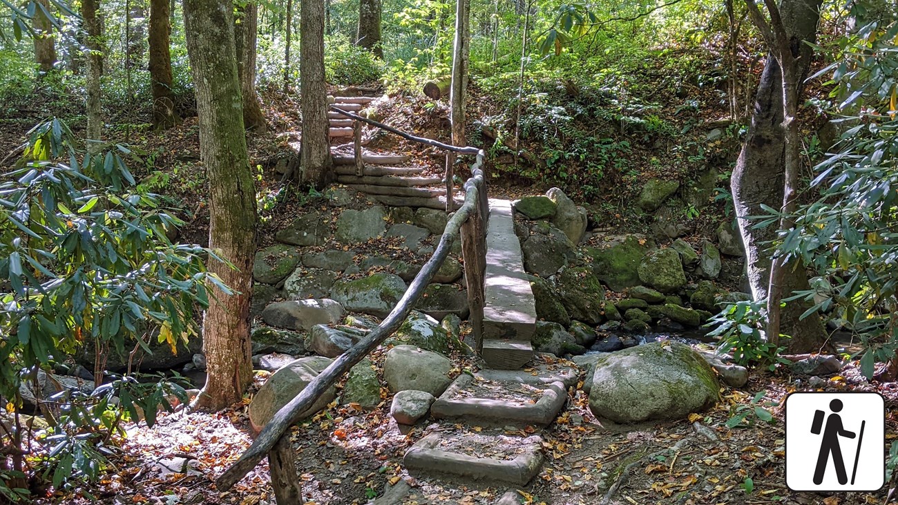 Stairs and a log bridge with handrails cross a stream near trees and rocks. A hiker icon in corner.
