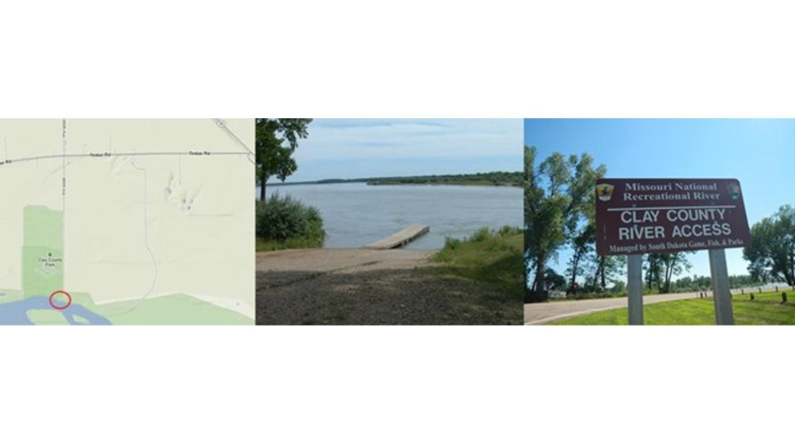 Aerial map of rive access, boat and paddling landing and signage for river access point