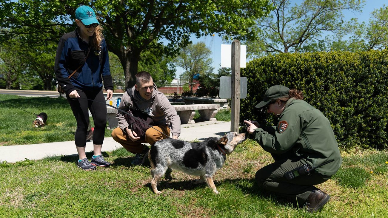 Two visitors with their dog on a leash and a ranger taking a picture of the dog.