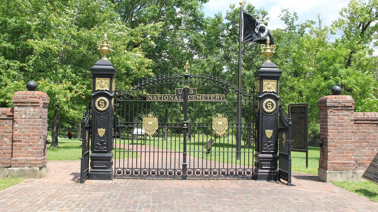 Iron gates adorn the entrance to the Shiloh National Cemetery
