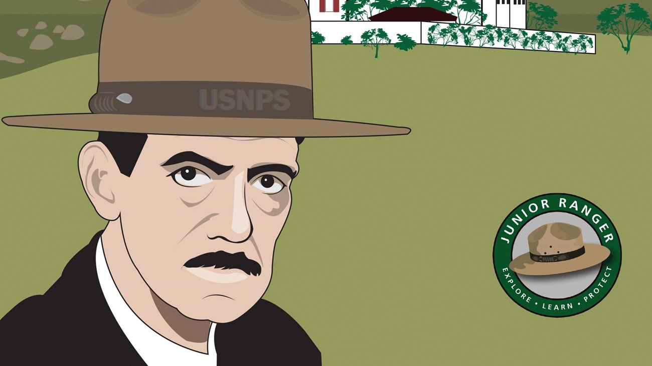 Illustrations of Eugene O\'Neill with ranger hat. Illustrated home and hills in background.