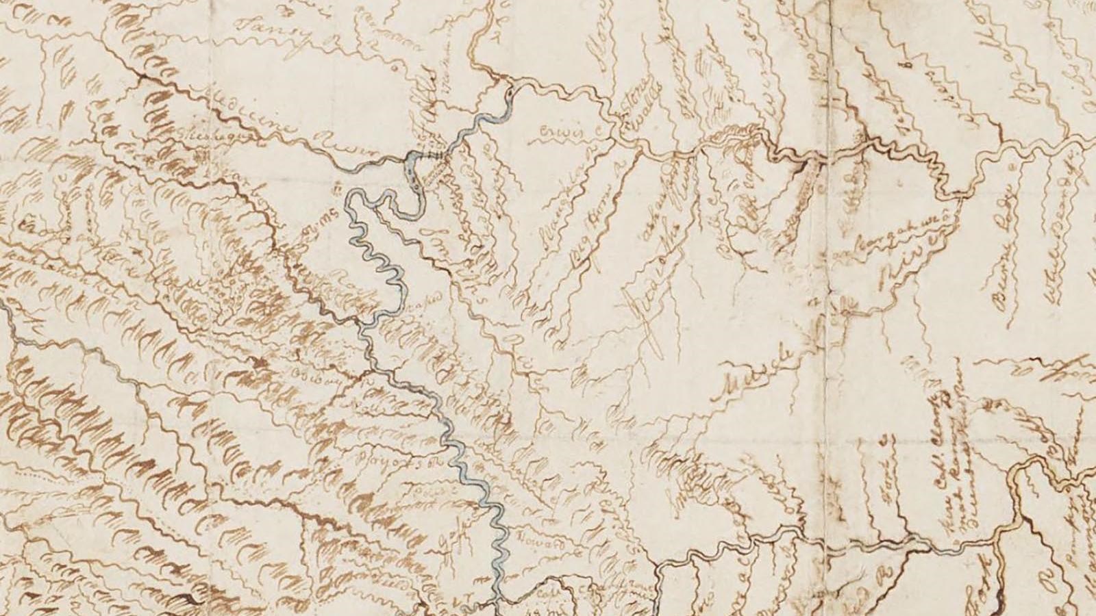 Map sketch showing rivers nad tributaries, with labels next to most. 