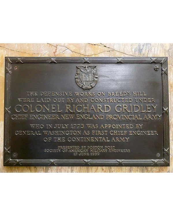 Plaque recognizing Richard Gridley's work constructing the redoubts at Bunker Hill.