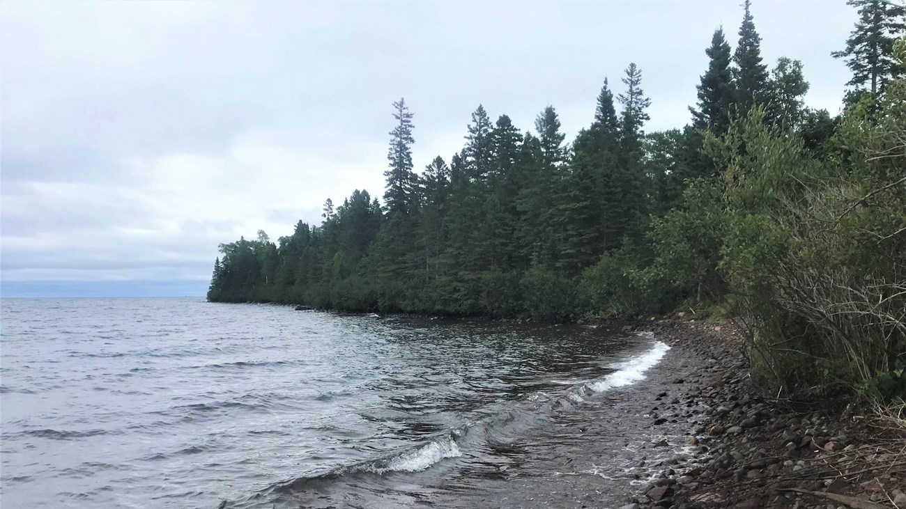 Forest and rocks make of a shoreline along Lake Superior. 