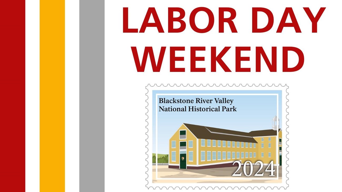 Graphic with Old Slater Mill in the center and three vertical stripes red, yellow, and grey