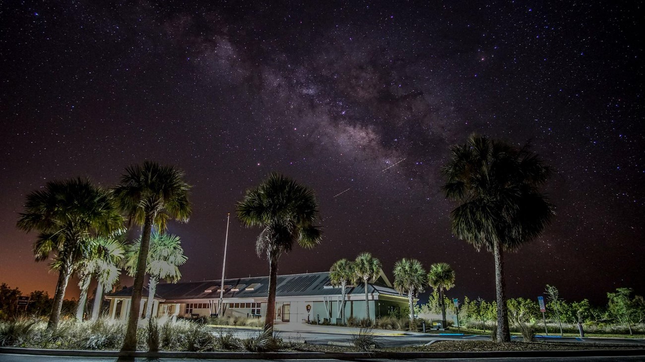 Visitor Center illuminated at night with night sky visible and palm trees in the foreground