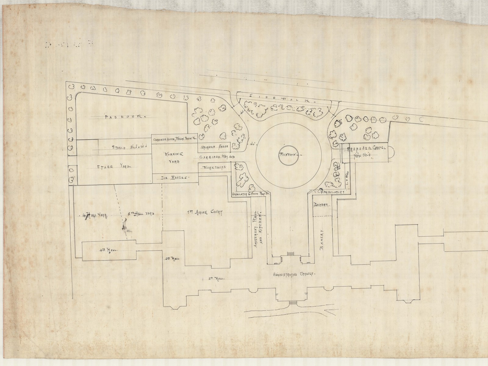 Pencil plan of large symmetrical building in front of circular drive with lawn areas