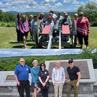A collage of three photos of groups of people standing and smiling around the battlefield.