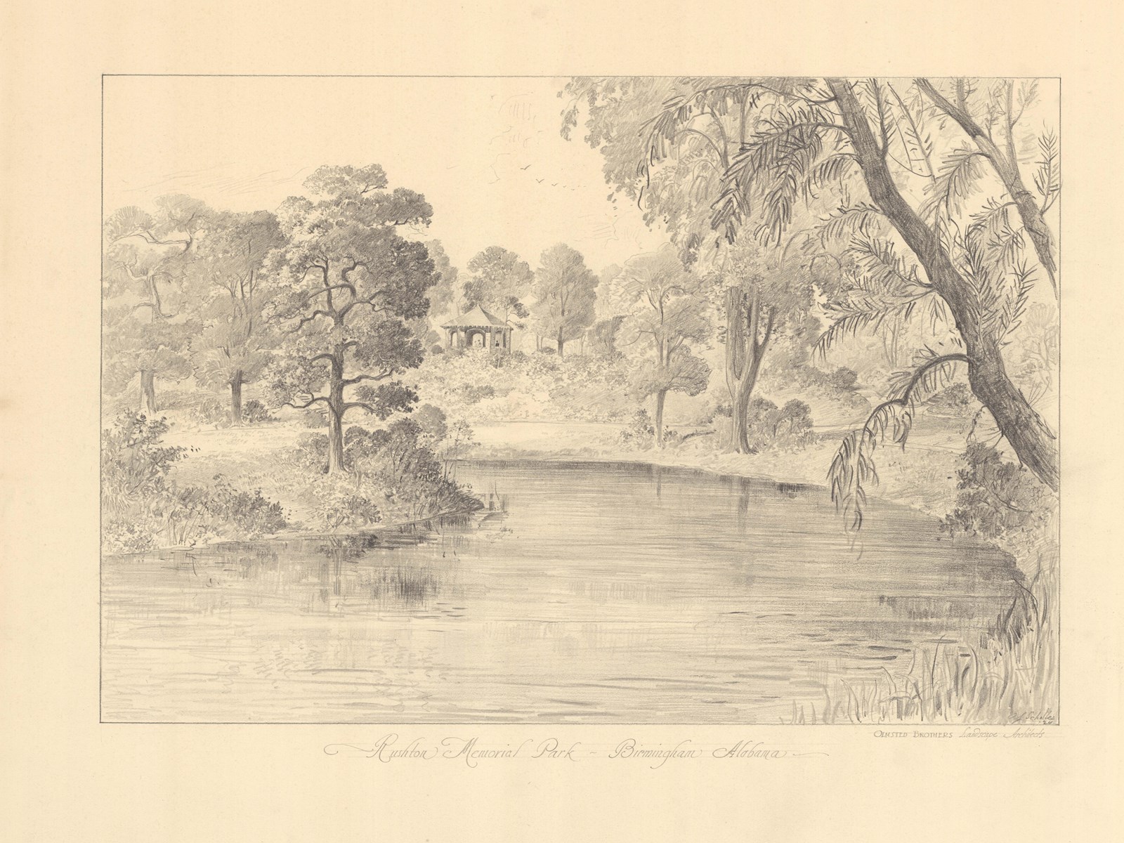 Pencil drawing of curving river lined with trees and shelter in distance