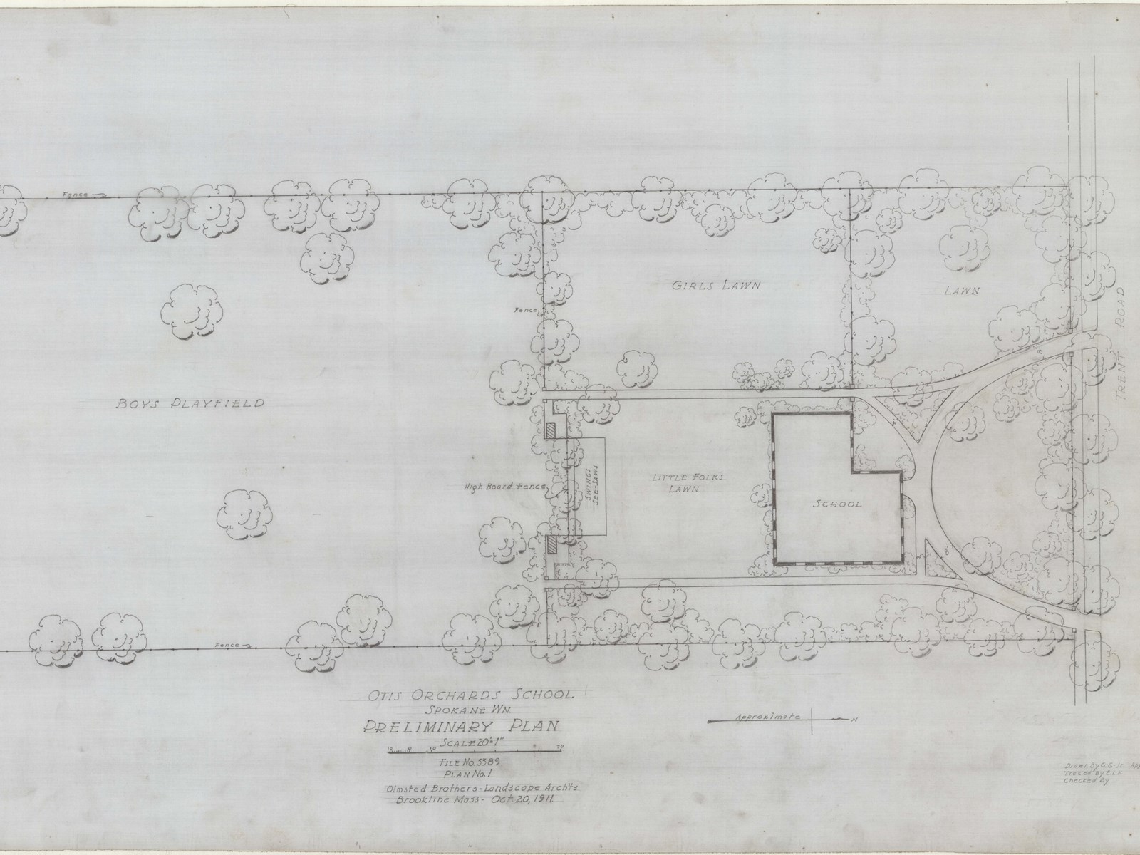 Pencil plan of rectangular landscape with school building, several rectangular lawns, trees on edges