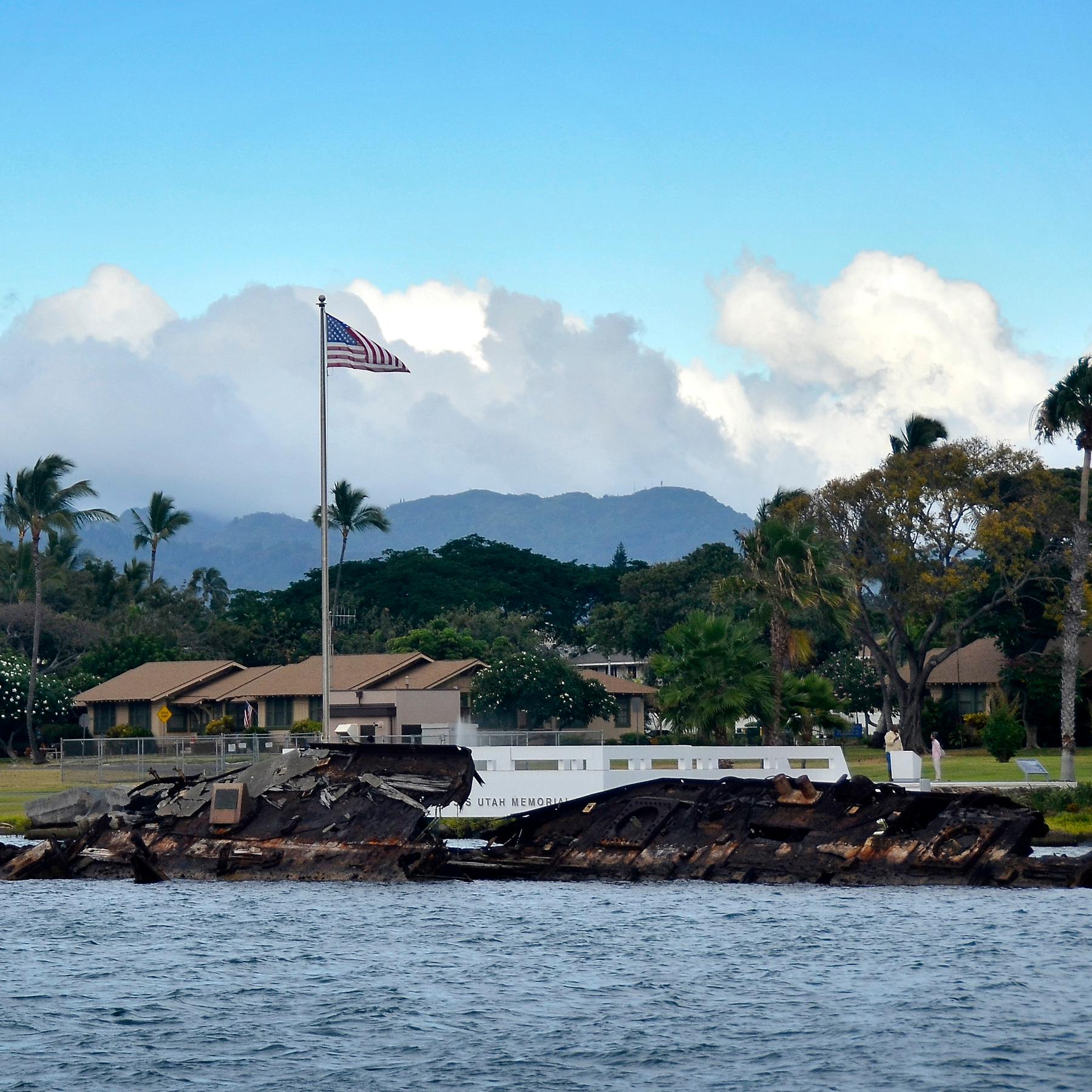shipwreck rusts in ocean in the foreground with tropical mountains and palm trees beyond