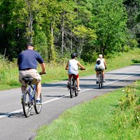 Family of cyclists on paved tour road