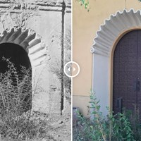 side-by-side comparison of historic and modern scallop-motif doorway