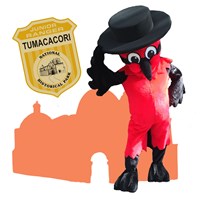 pancho the vermilion flycatcher with black hat, bowing, with silouette of church and junior ranger