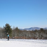 A cross-country skier traverses down a groomed path on a hilltop and past a cannon covered in snow.