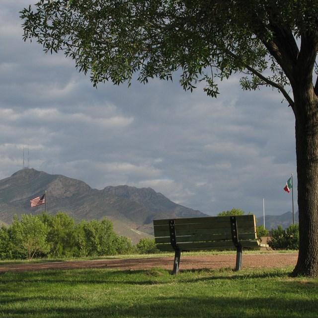 panorama of park bench and tree with US and Mexican flags visible in the distance against a mountain