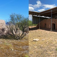 side-by-side images of adobe ruined walls