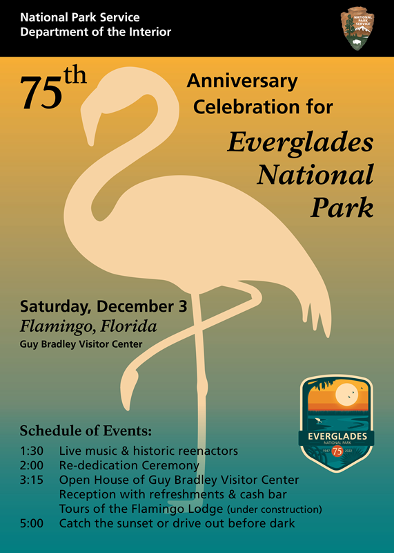 The shape of a flamingo on a yellow and teal background with the 75th Anniversary logo and schedule.