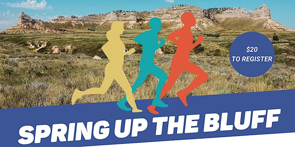 Spring Up the Bluff Logo: features three runner illustrations with a sandstone bluff in the back.