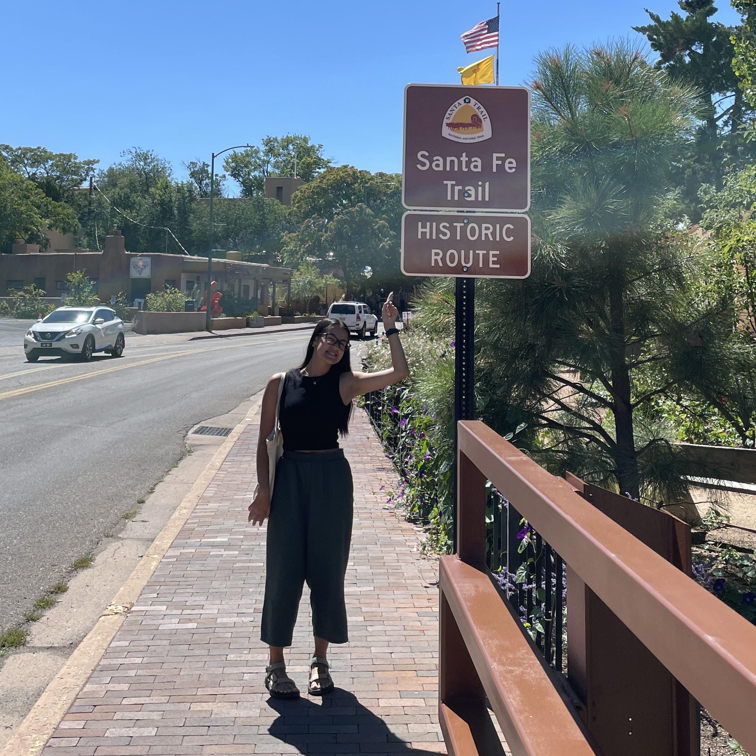 A person stands underneath a brown sign on the side of the street.