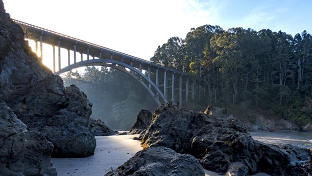 rocky beach of Russian Gulch state park with old bridge and forest in background