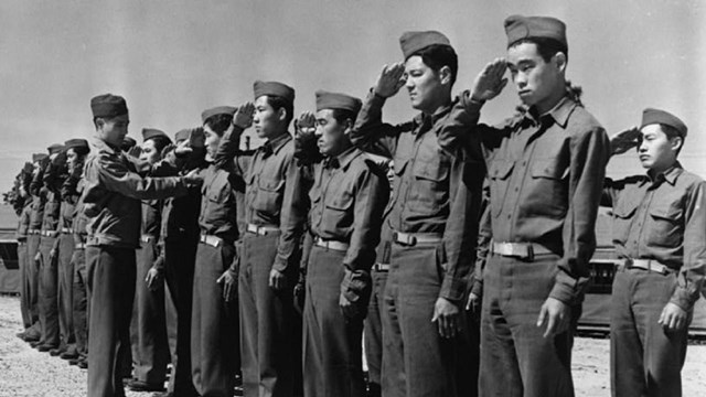 Black and white photo of company officer correcting the salute of troops from Hawaii.