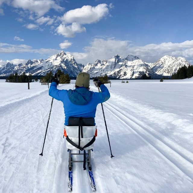 Man in a nordic sit ski, with the Teton Range as backdrop