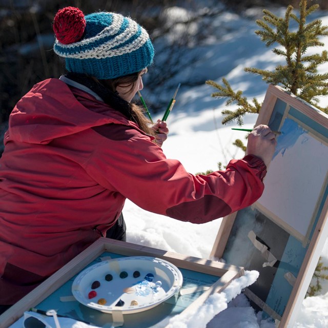 Woman uses small spruce to brace easel during an outdoor painting workshop in denali