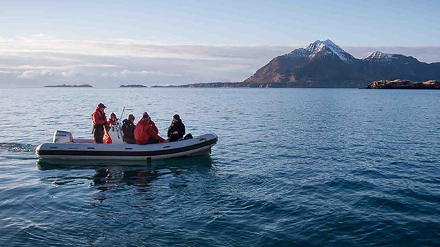 A boat full of researchers go out on ocean surveys.
