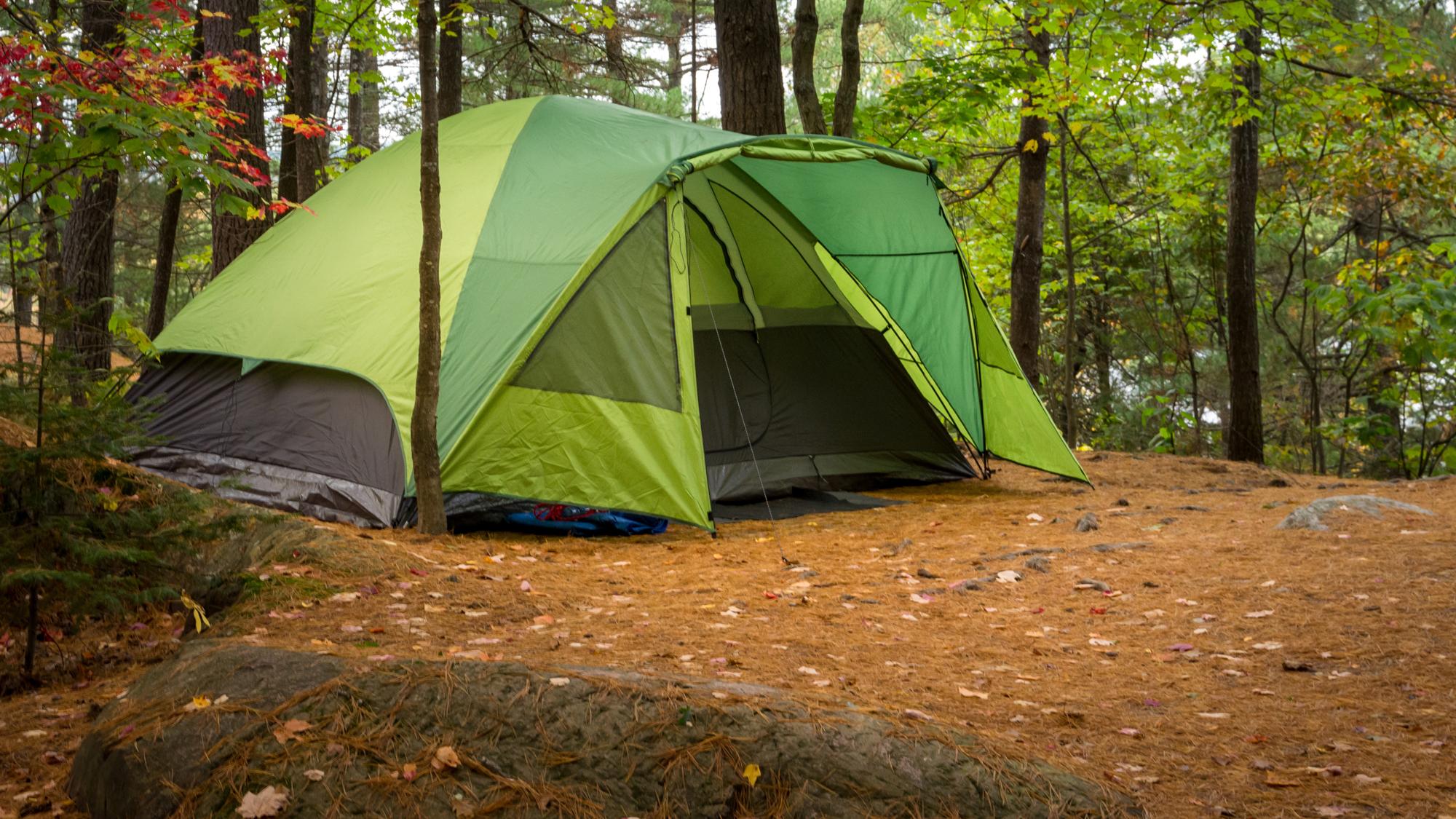 Photograph of tent in woods.