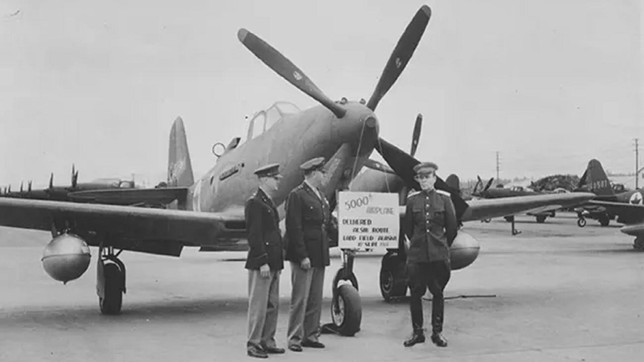 Black and white photograph of an early airplane 