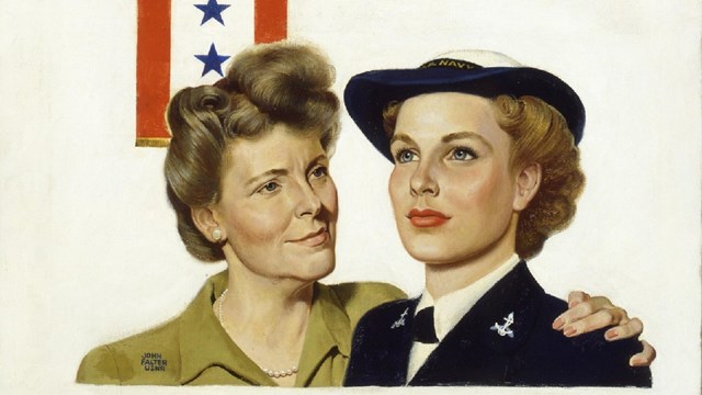 Illustrated image of a middle aged woman and a younger woman in military uniform