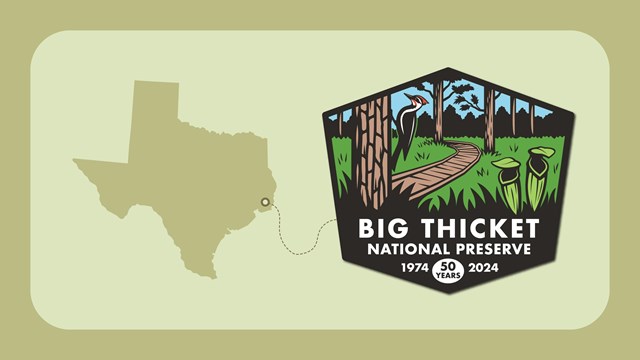 graphic showing a cutout of Texas and a 50th anniversary logo of Big Thicket National preserve.