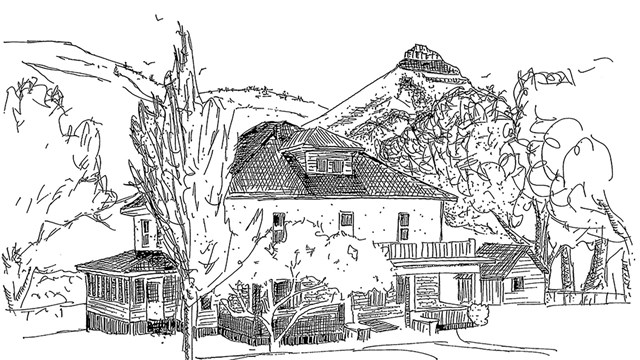 a black and white illustration of a three storied ranch house with Sheep Rock in the background