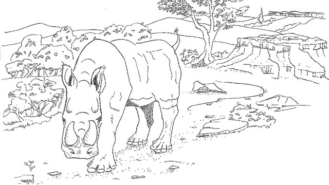 a black and white illustration of a two-horned rhino in a Savannah-like landscape