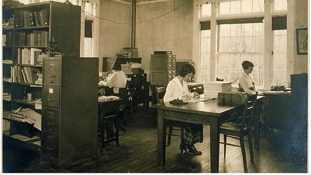 Women sit at desks with stacks of paper in an office space