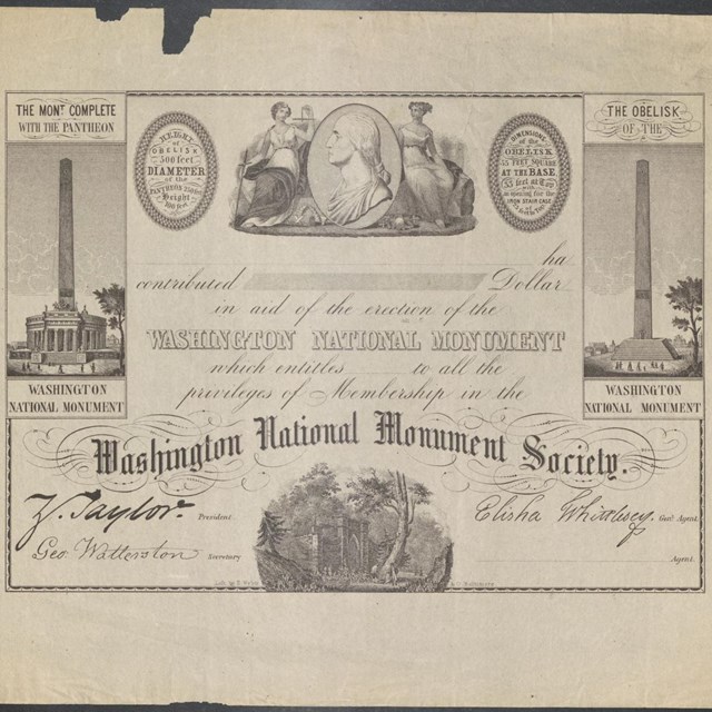 Membership certificate of the kind issued by the Washington National Monument Society 