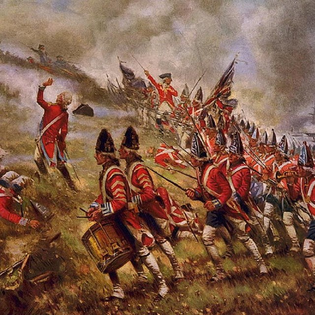 British soldiers in red coats attack up Breed's Hill in formation. 