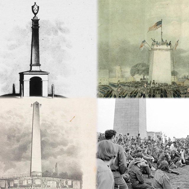 grid of 4 images. A pillar; partly constructed Monument; finished Monument; Group in front of Mon.