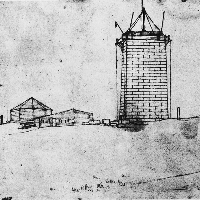 Drawing of the Bunker Hill Monument mid-construction, about 25 rows of blocks high.