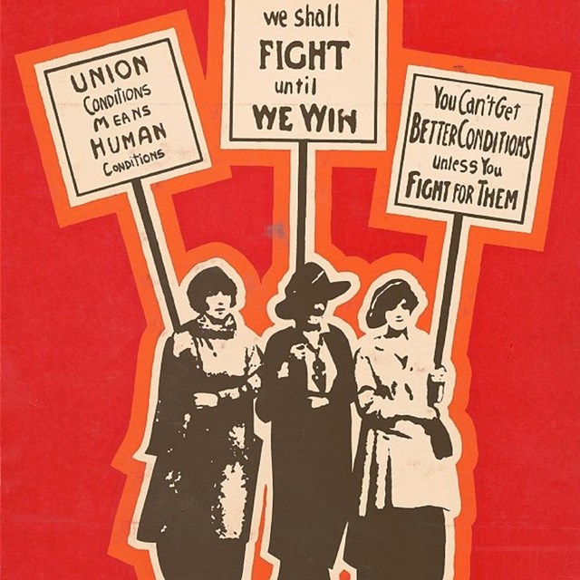 Poster of three women holding picket signs with red background