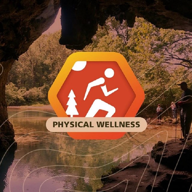 orange hexagon graphic of a person running on top of an orange tinted photo of a cave entrance 