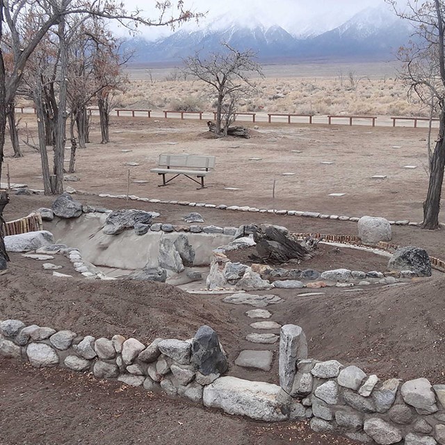 Excavated rock garden at Manzanar