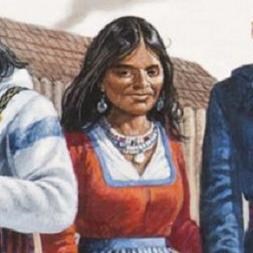 An illustration of a Native American woman wearing a dress and many beaded necklaces.