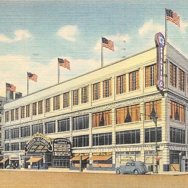 Illustration of city theater with flags lining the roof and large neon sign over the door